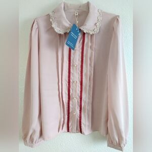 NEW Green Living Blouse Pink Pleat Front Long Sleeve NWT Size Medium Chest 34"